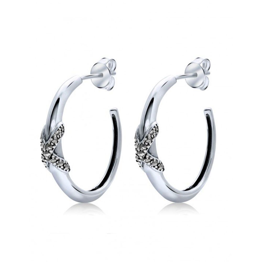 Sterling Silver Hoops with Marcasite X-Detail on Front - MH-E08 - Click Image to Close